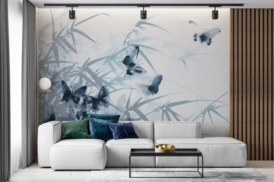 wall murals Текстурни бамбусови листови и стабљике са летећим плавим лептирима са провидним крилима w08524