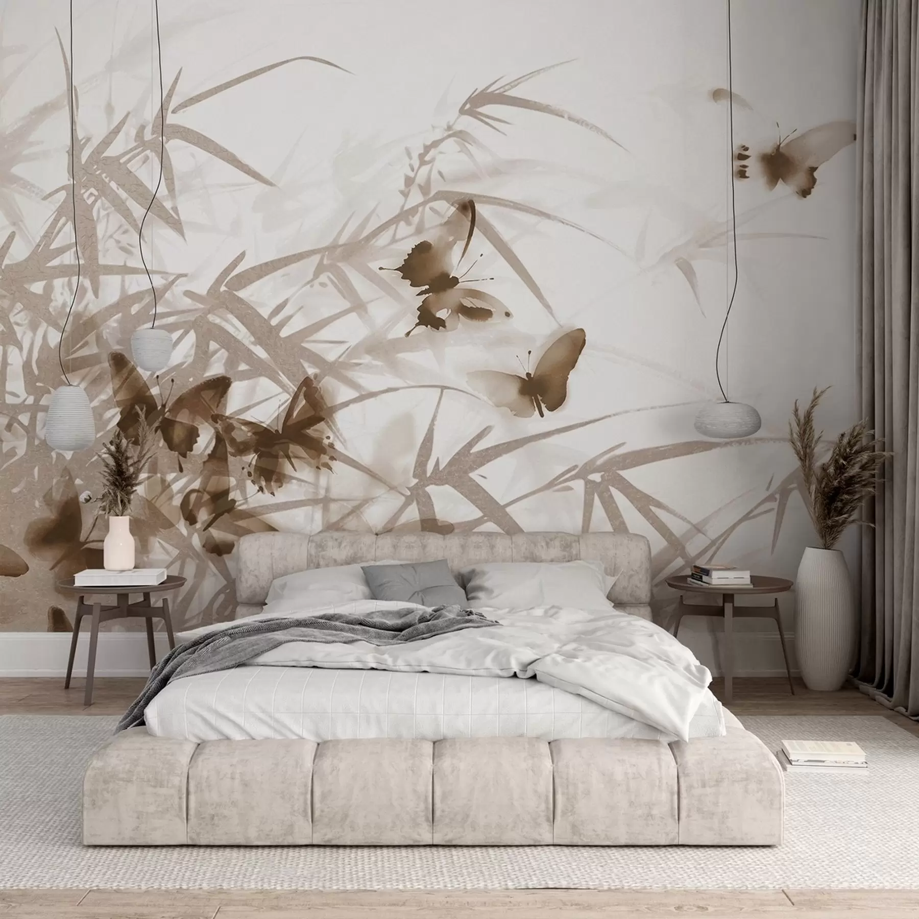 wall murals Текстурни бамбусови листови и стабљике са летећим смеђим лептирима са провидним крилима w08524v1