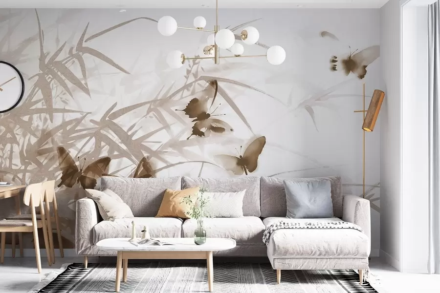 wall murals Текстурни бамбусови листови и стабљике са летећим смеђим лептирима са провидним крилима w08524v1