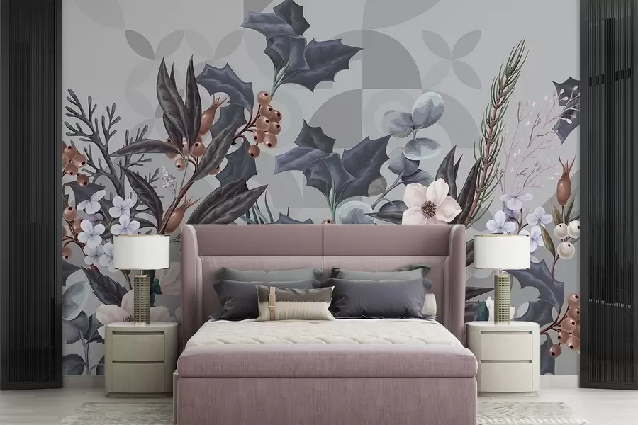 wall murals Цветни аранжман са великим тамним листовима, цвећем и бобицама на пригушеној сивој геометријској апстрактној позадини w08525