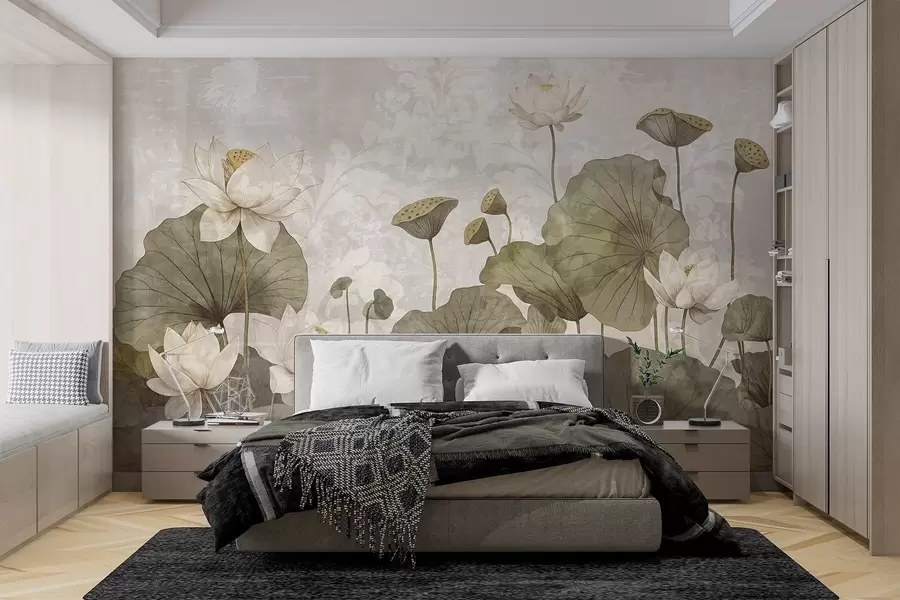 wall murals Поље цветова белог лотоса са великим зеленим листовима на мекој, магловитој текстурној беж позадини w08527