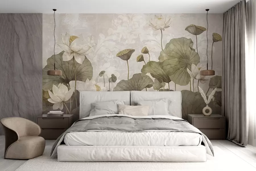 wall murals Поље цветова белог лотоса са великим зеленим листовима на мекој, магловитој текстурној беж позадини w08527