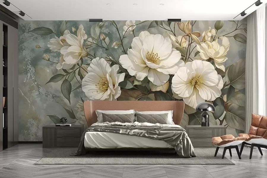 wall murals Велики, бели детаљни цветови божура са зеленим листовима на мекој, текстурној тиркизној позадини w08528