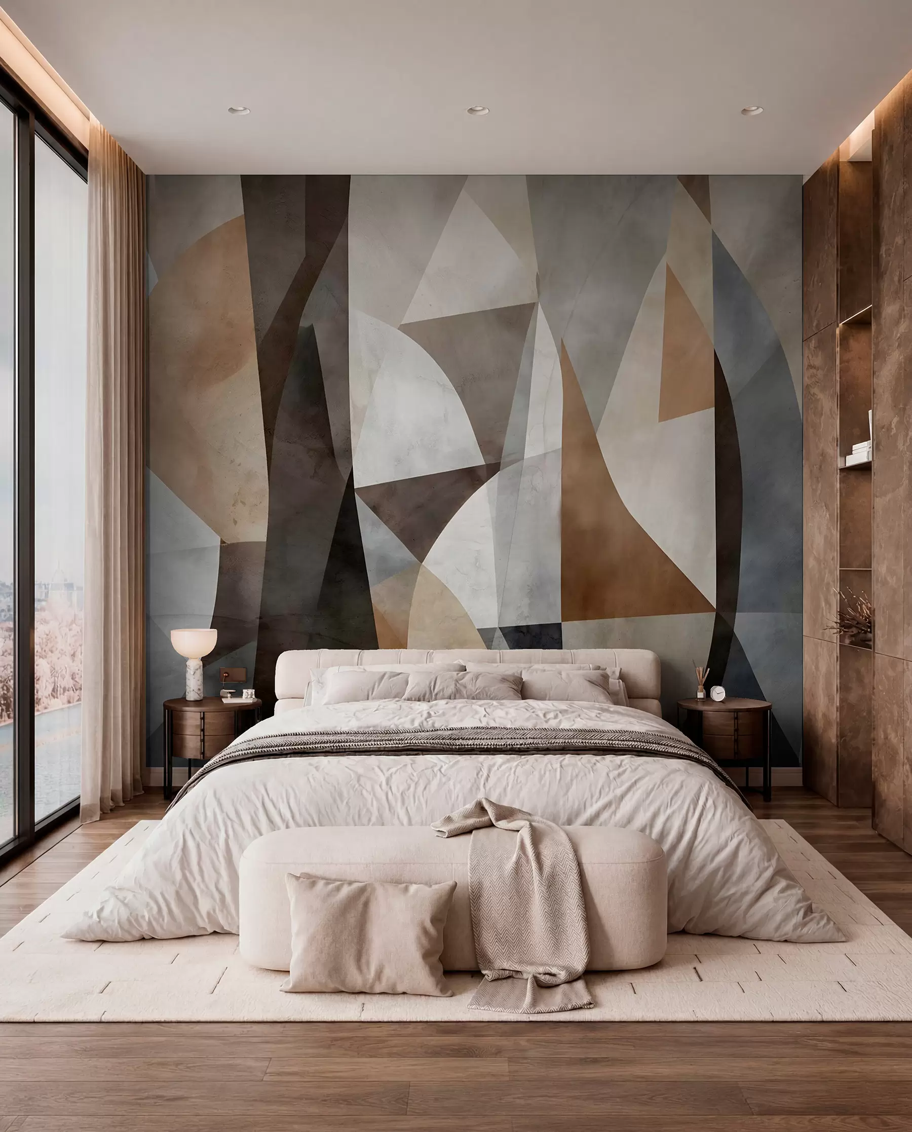 wall murals Текстурни геометријски облици апстрактне модерне уметности у нијансама браон, сиве и беж w08530
