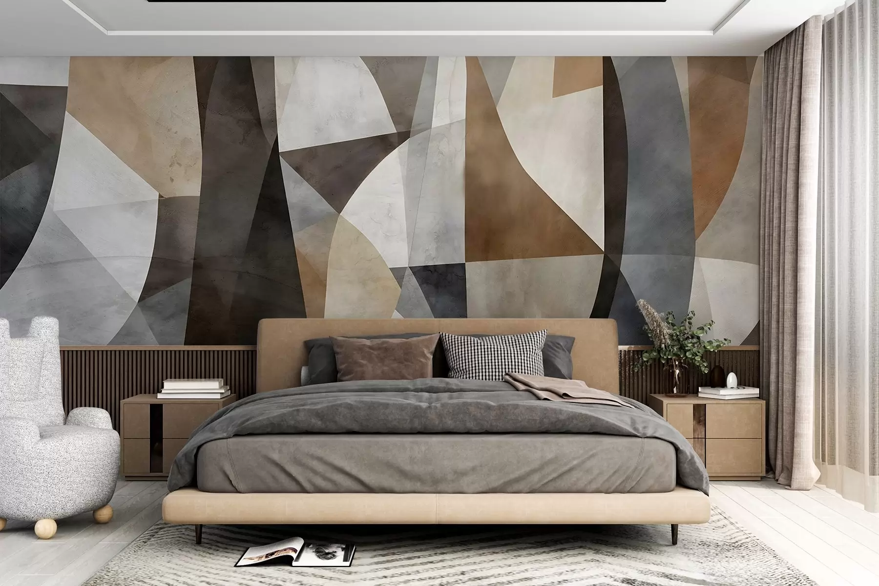 wall murals Текстурни геометријски облици апстрактне модерне уметности у нијансама браон, сиве и беж w08530