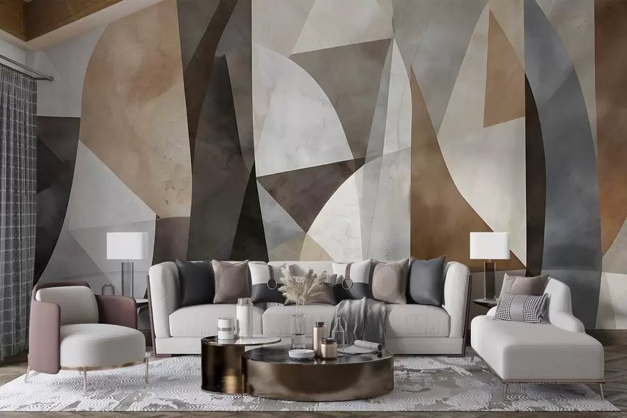wall murals Текстурни геометријски облици апстрактне модерне уметности у нијансама браон, сиве и беж w08530