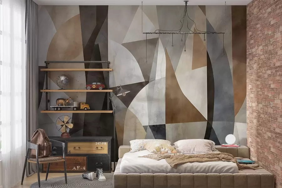 wall murals Текстурни геометријски облици апстрактне модерне уметности у нијансама браон, сиве и беж w08530