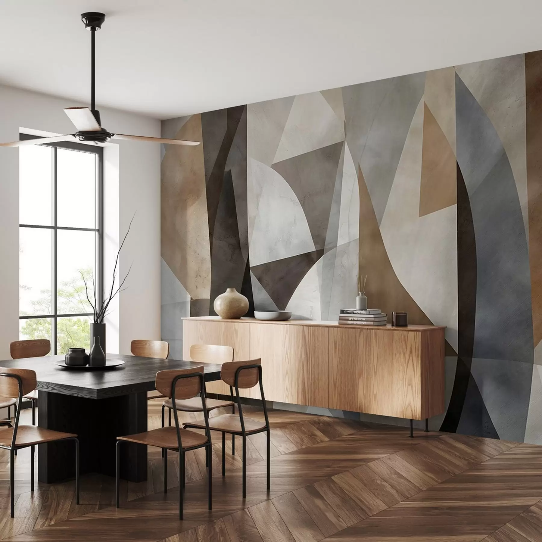 wall murals Текстурни геометријски облици апстрактне модерне уметности у нијансама браон, сиве и беж w08530