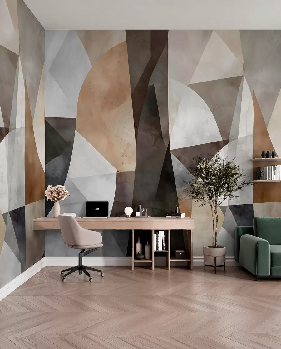 wall murals Текстурни геометријски облици апстрактне модерне уметности у нијансама браон, сиве и беж w08530