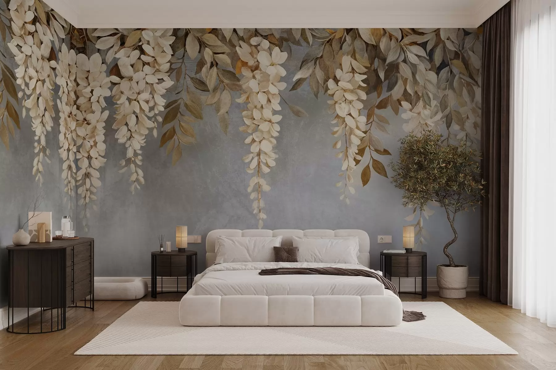 wall murals Деликатно бело и светло беж цвеће глициније са лишћем каскадно на меко сивој позадини w08531
