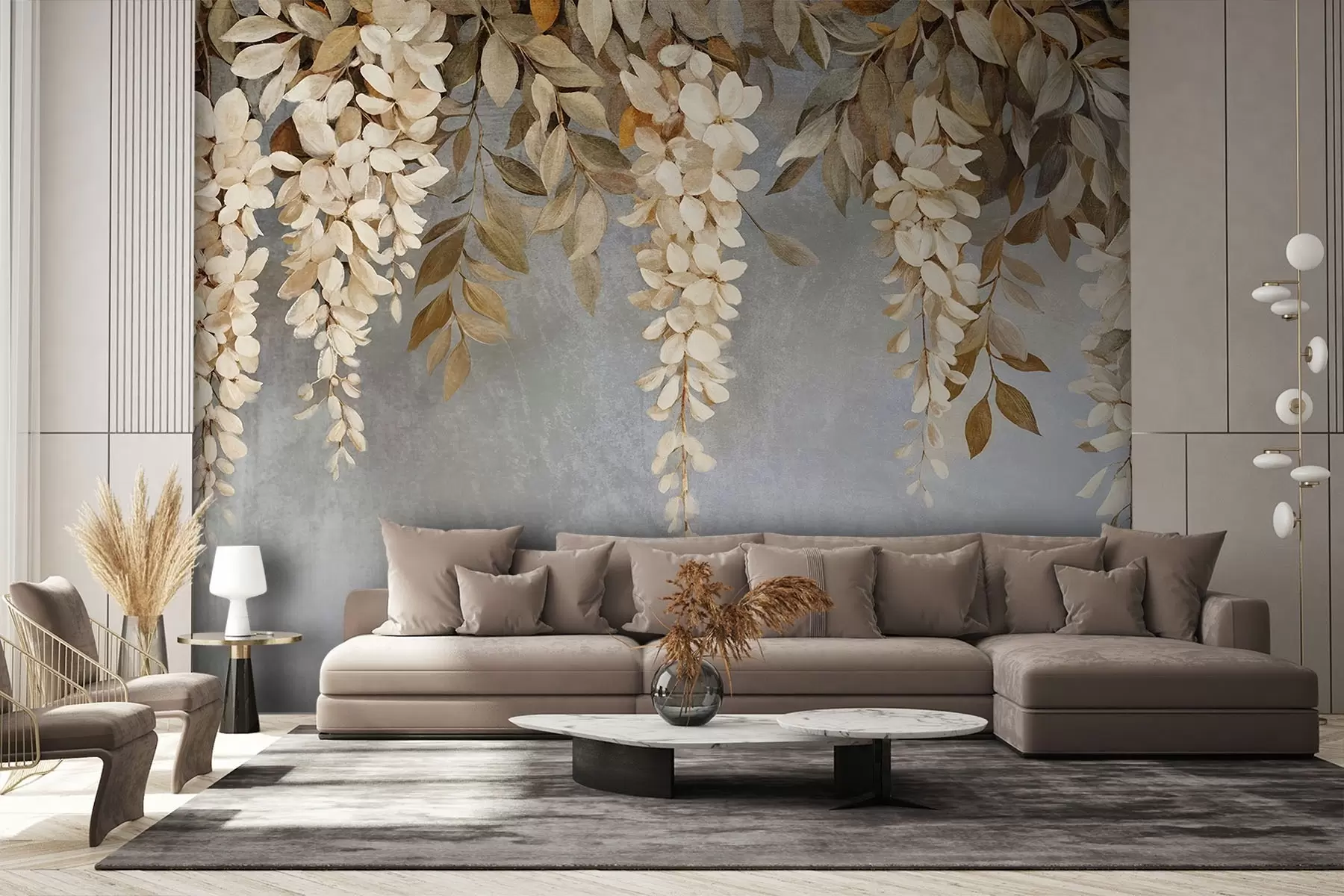 wall murals Деликатно бело и светло беж цвеће глициније са лишћем каскадно на меко сивој позадини w08531