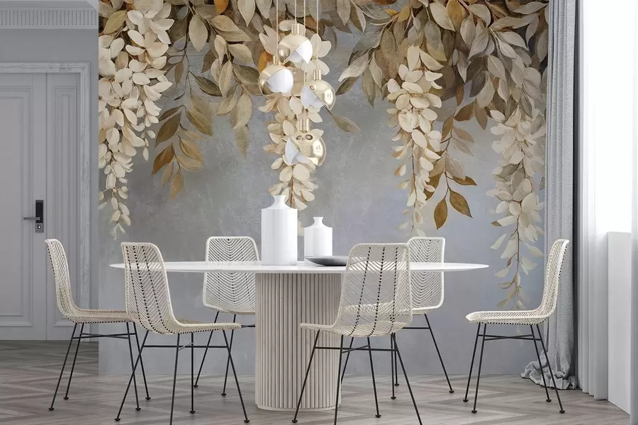 wall murals Деликатно бело и светло беж цвеће глициније са лишћем каскадно на меко сивој позадини w08531