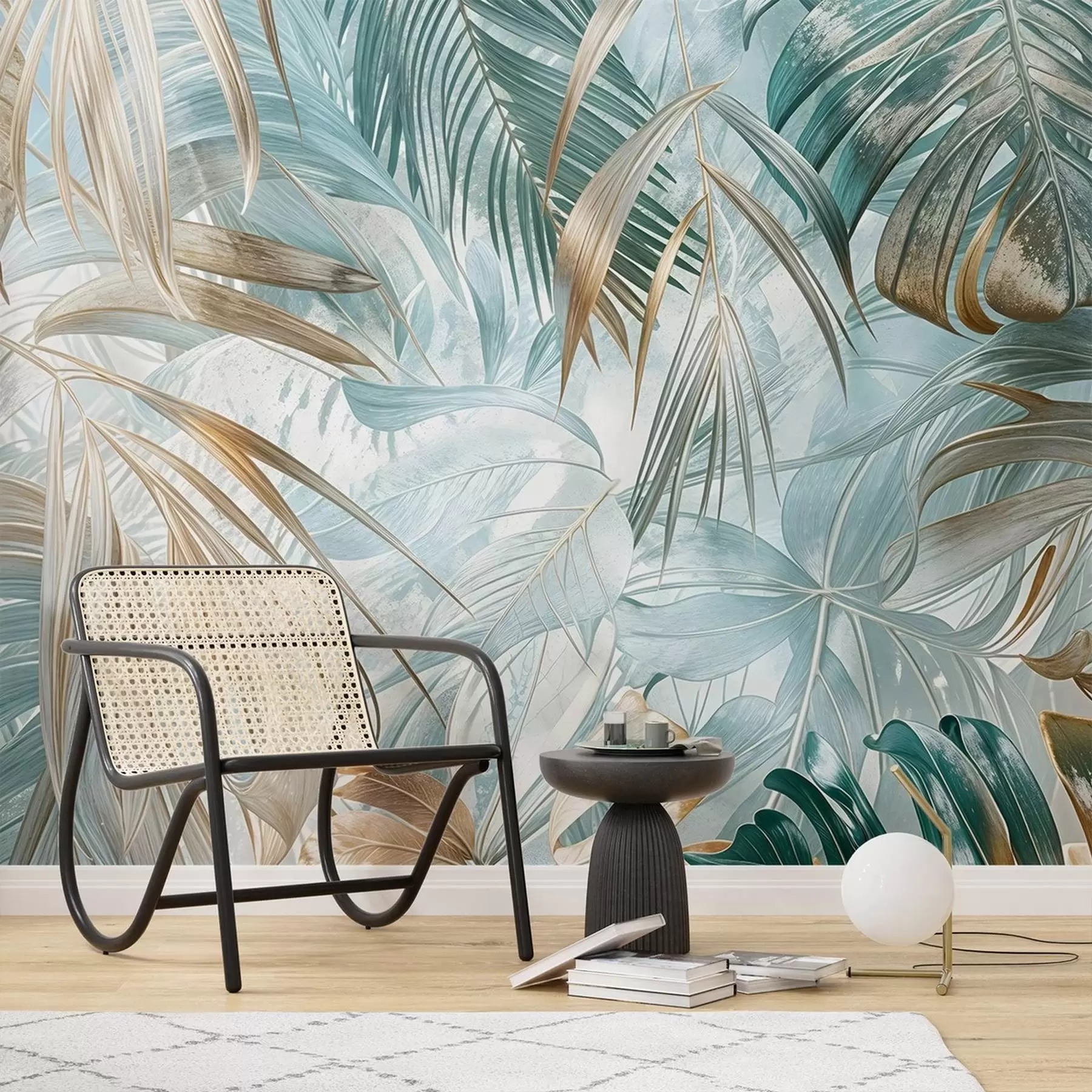wall murals Тропски апстрактни цветни принт са великим палминим листовима у нијансама плаве и беж ствара бујну атмосферу w08532
