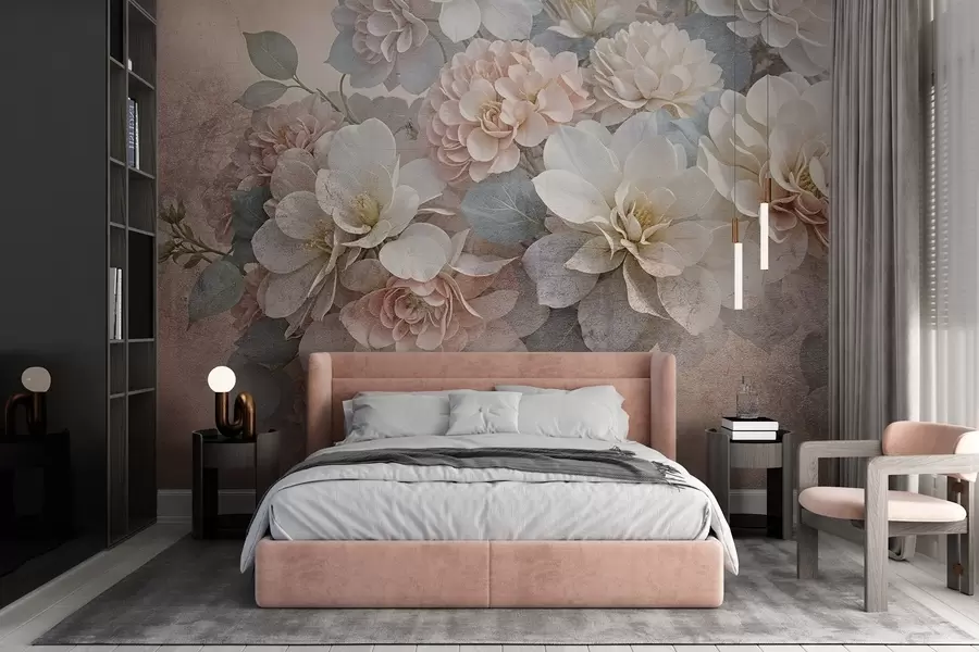 wall murals Мека текстура са цветовима брескве и белог божура са зеленим листовима на беж позадини w08534