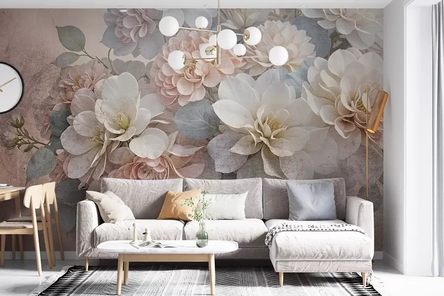 wall murals Мека текстура са цветовима брескве и белог божура са зеленим листовима на беж позадини w08534