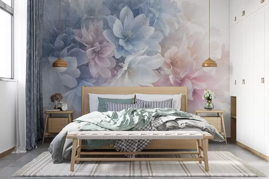 wall murals Меки текстурни цветни аранжман пастелних боја са великим, нежним цветовима у нијансама розе, плаве и беле w08535