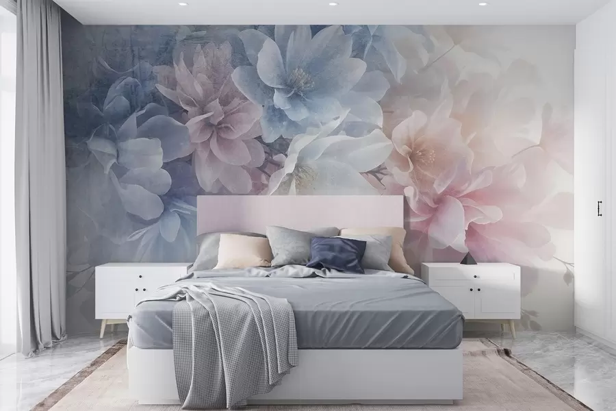 wall murals Меки текстурни цветни аранжман пастелних боја са великим, нежним цветовима у нијансама розе, плаве и беле w08535