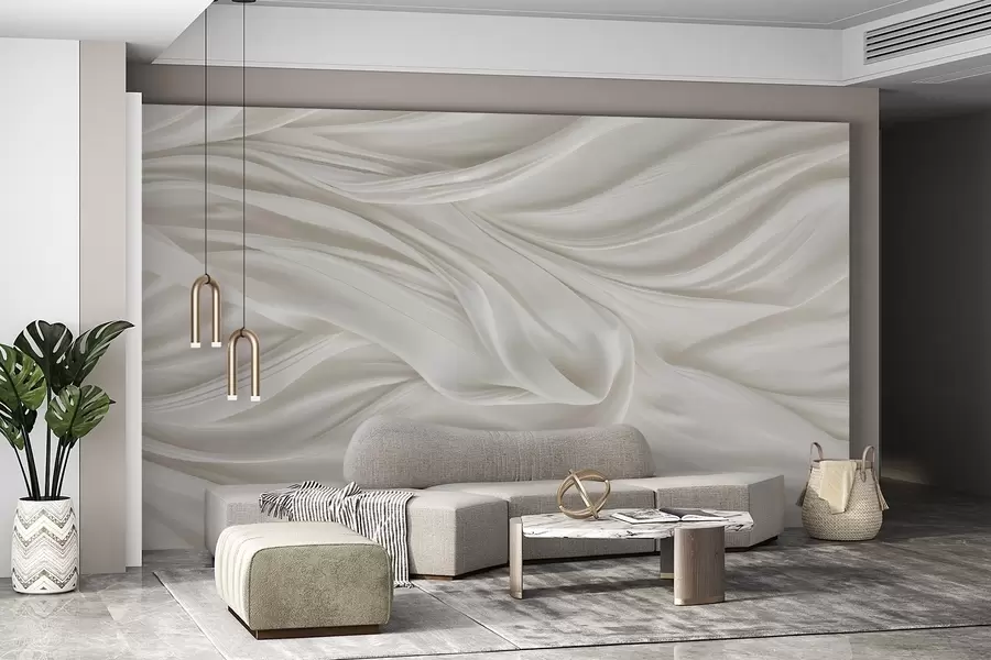 wall murals Модеран принт са имитацијом глатке, течне беле тканине са меким, таласастим наборима и наборима w08537