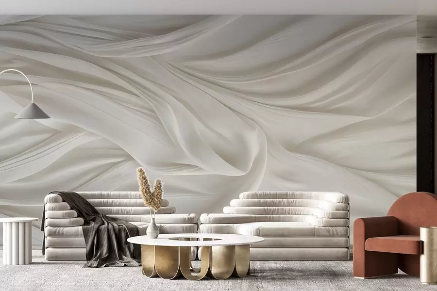 wall murals Модеран принт са имитацијом глатке, течне беле тканине са меким, таласастим наборима и наборима w08537