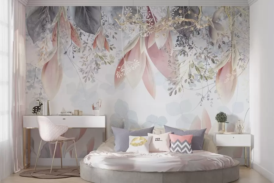 wall murals Меки цветни принт пастелних боја са деликатним латицама и листовима у нијансама розе, беле и сиве w08538