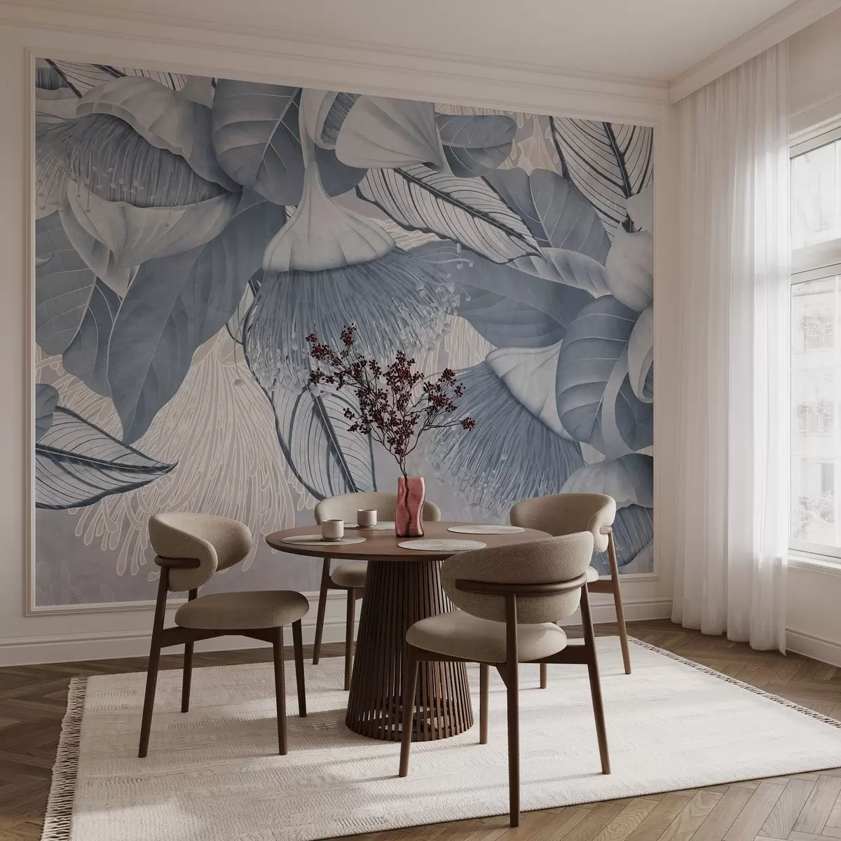 wall murals Ботаничка илустрација великих, плавих цветова еукалиптуса са дугим прашницима на сивој и белој позадини w08539v1