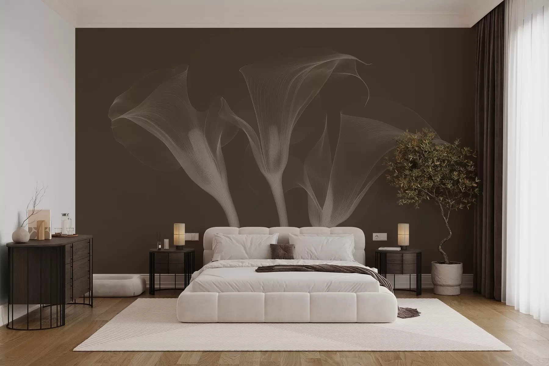 wall murals прозрачно прозирно цвеће Зантедесцхиа на тамној позадини w02632v1