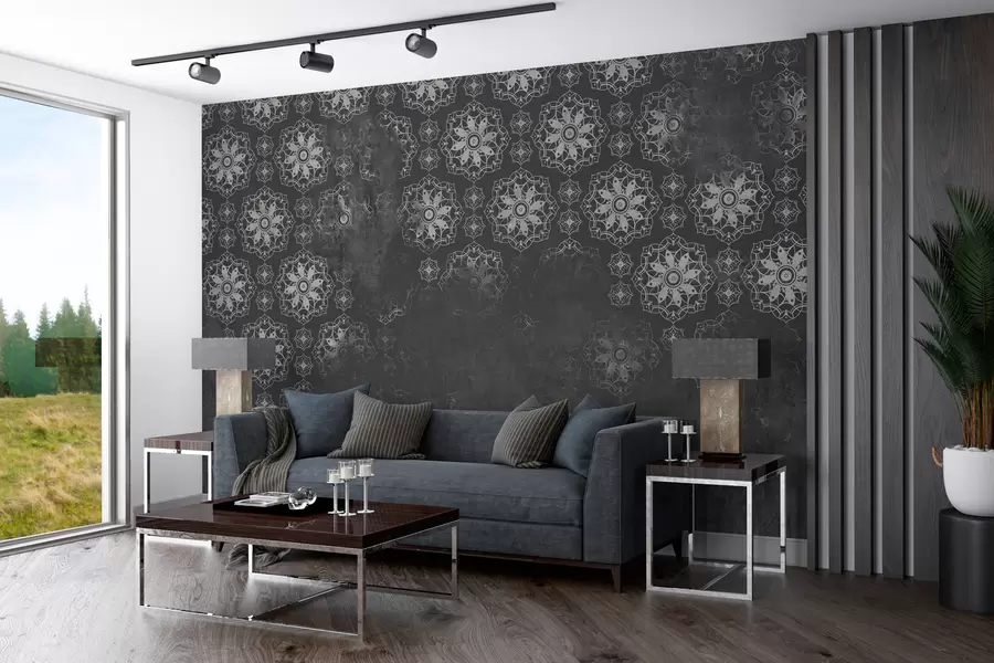 wall murals Винтаге дизајн са елементима мандале и узнемиреним ефектом у сивој боји w02551v1
