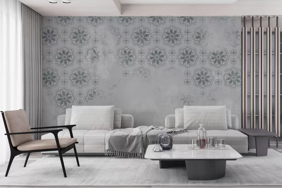 wall murals Винтаге дизајн са елементима мандале и узнемиреним ефектом у светло сивој боји w02551v2