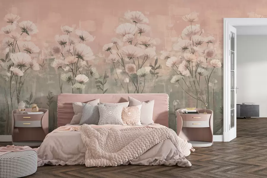 wall murals Нежно дивље цвеће са ефектом потеза четкице у розе w02629