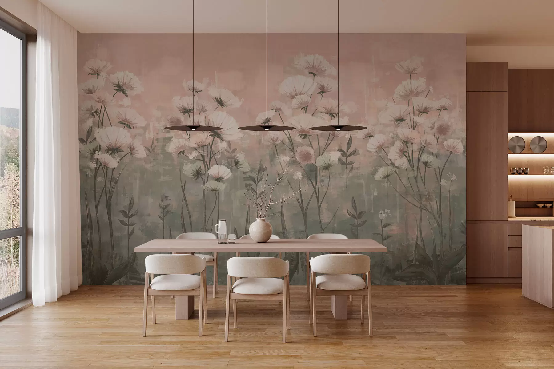 wall murals Нежно дивље цвеће са ефектом потеза четкице у розе w02629