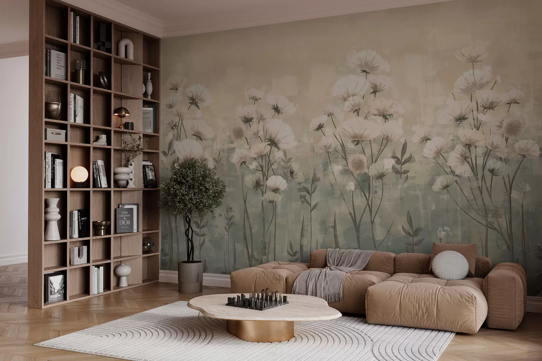 wall murals Нежно дивље цвеће са ефектом потеза четкице у жутој и беж боји w02629v1