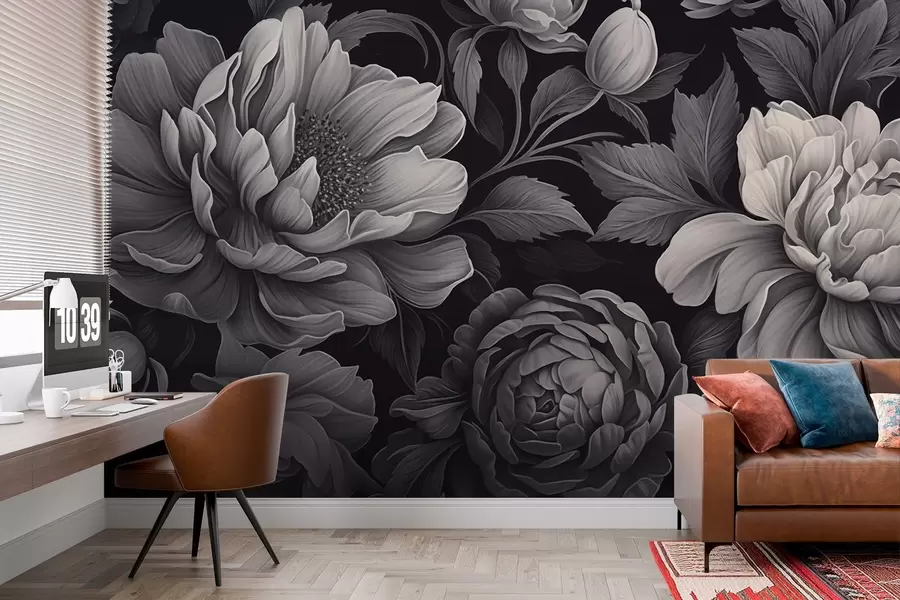 wall murals Црно и сиво цвеће на тамној позадини w02575