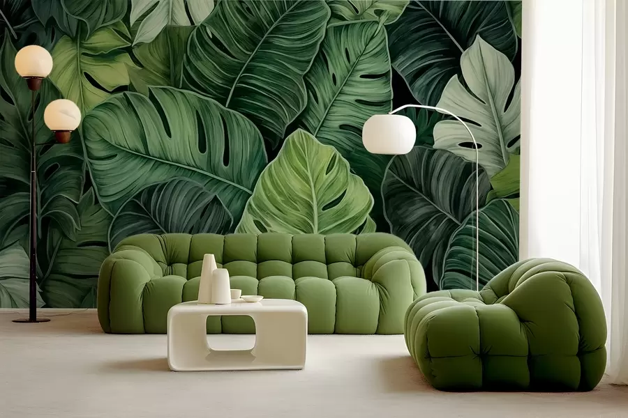 wall murals Листови тропске монстере у различитим нијансама зелене w02579