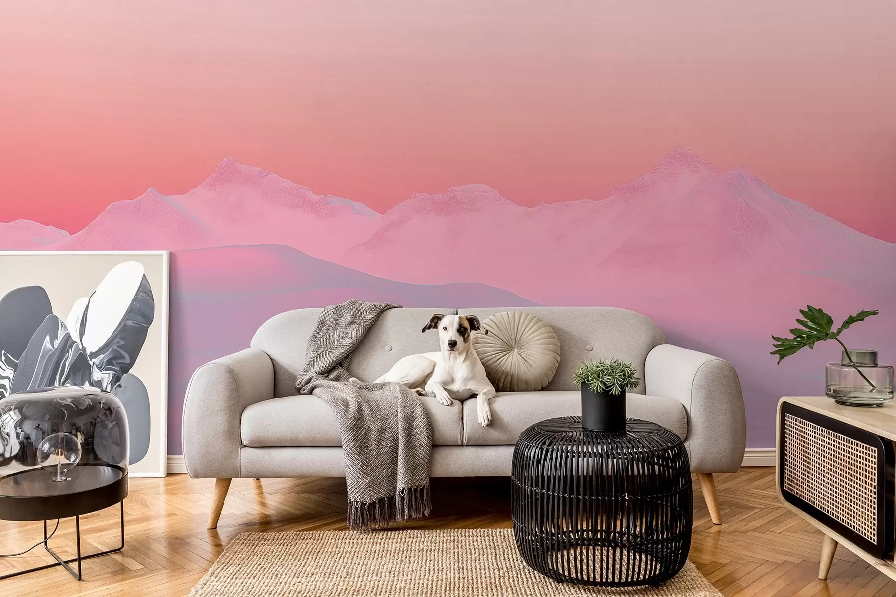 wall murals Меки залазак сунца у облику малине на позадини планина и неба w02234