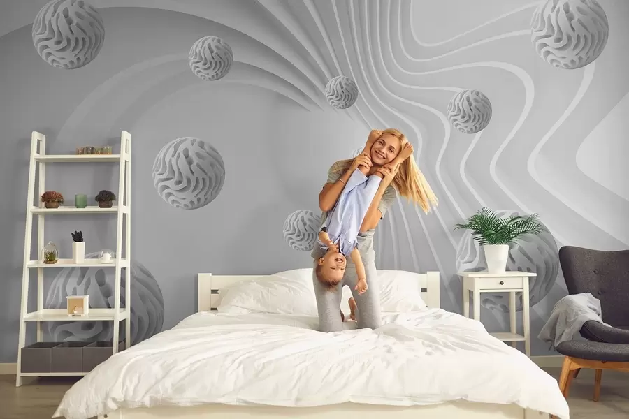wall murals 3Д сива апстракција са сферама и ефектом дубине w08553