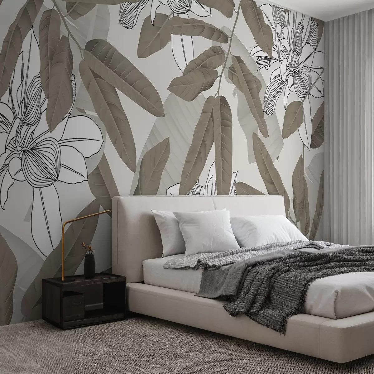 wall murals смеђе лишће и бело обојено цвеће w02669