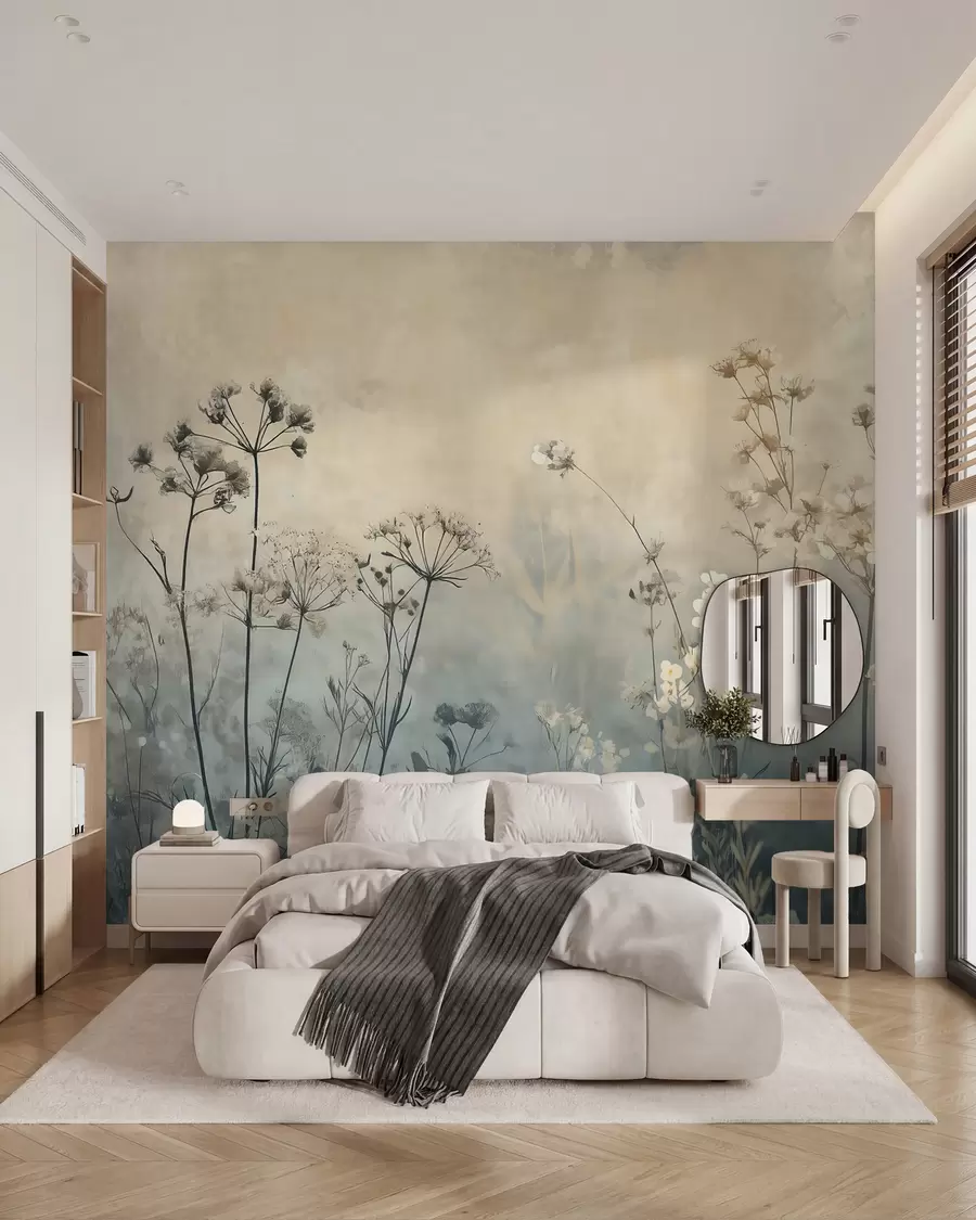 wall murals тапете у еко стилу са дивљим цвећем и биљкама на текстурираној позадини w02685