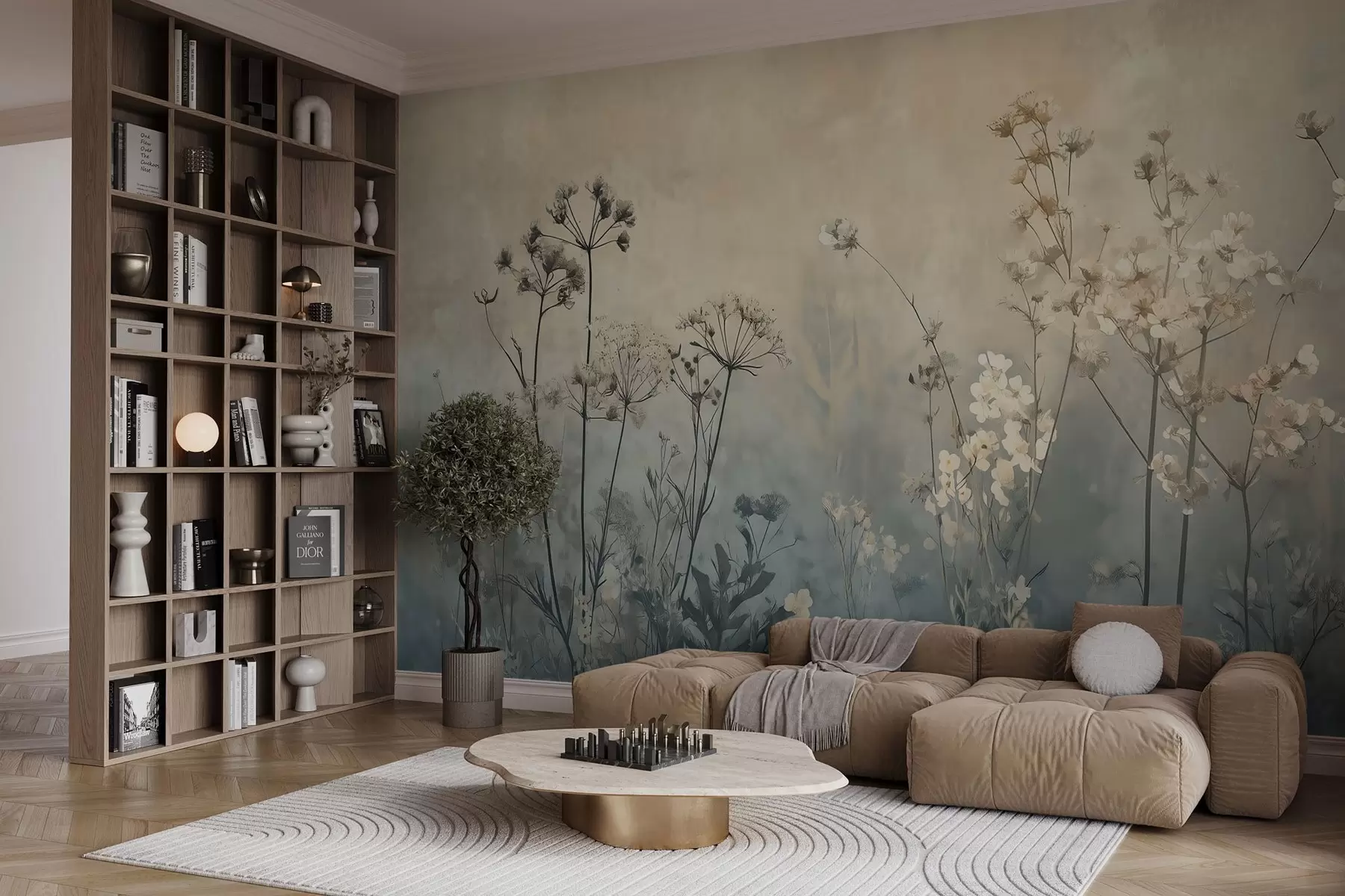 wall murals тапете у еко стилу са дивљим цвећем и биљкама на текстурираној позадини w02685