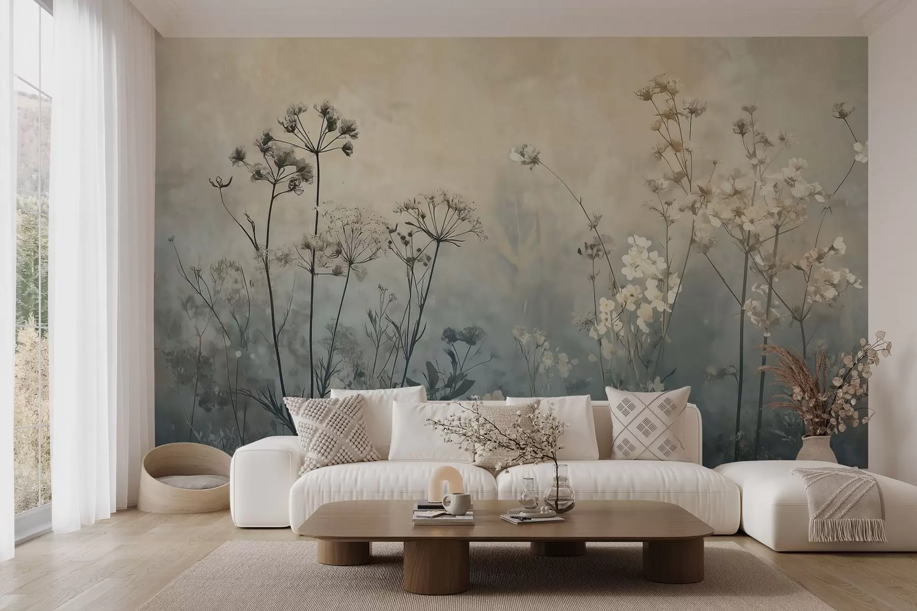 wall murals тапете у еко стилу са дивљим цвећем и биљкама на текстурираној позадини w02685