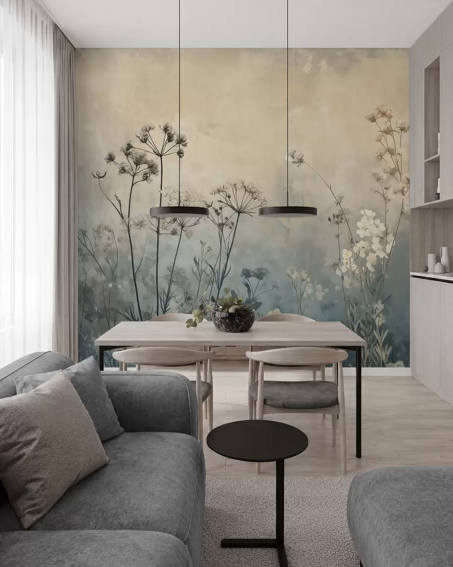 wall murals тапете у еко стилу са дивљим цвећем и биљкама на текстурираној позадини w02685