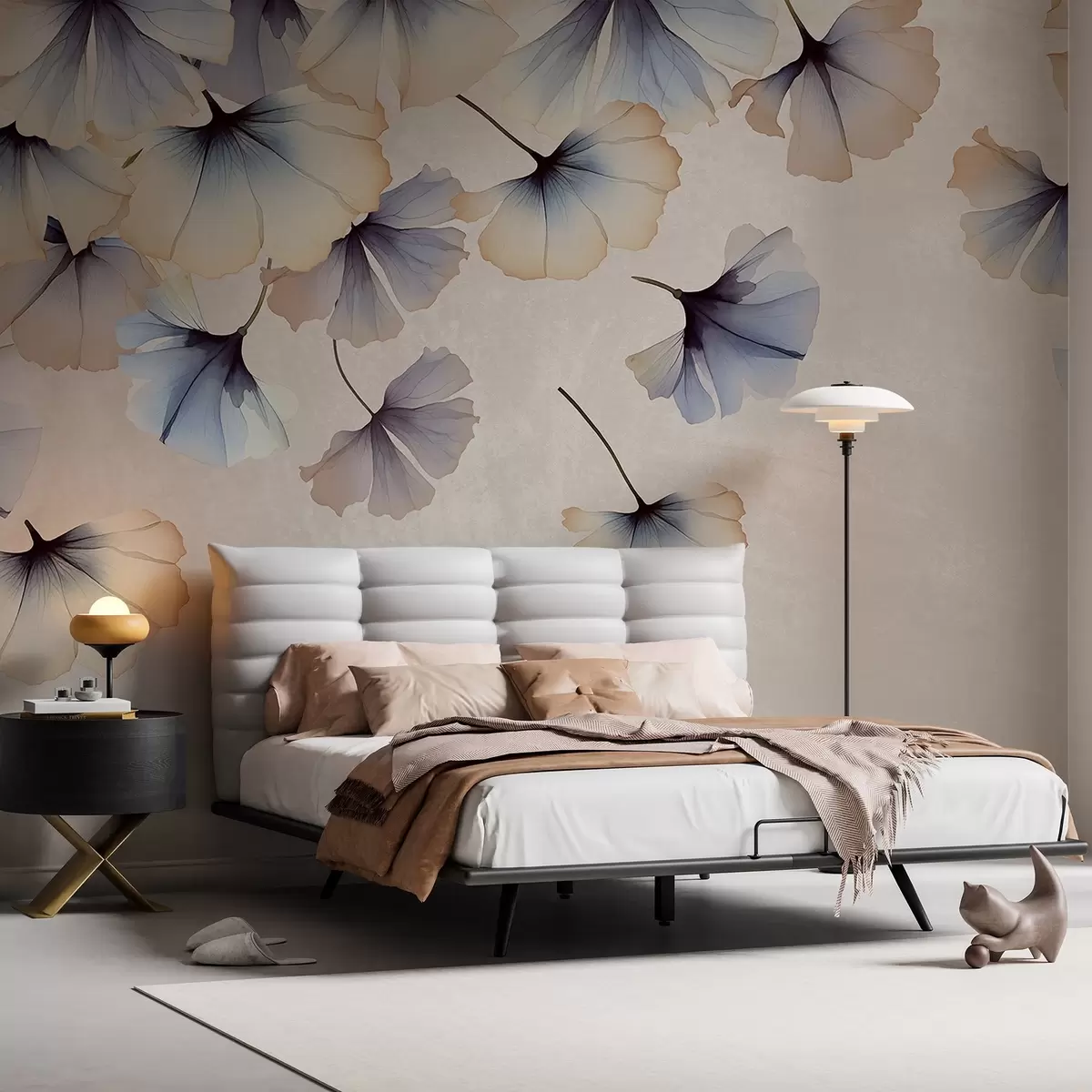 wall murals Пастелно плаво и беж лишће гинка са деликатним латицама које лебде у ваздуху на текстурној позадини w08578