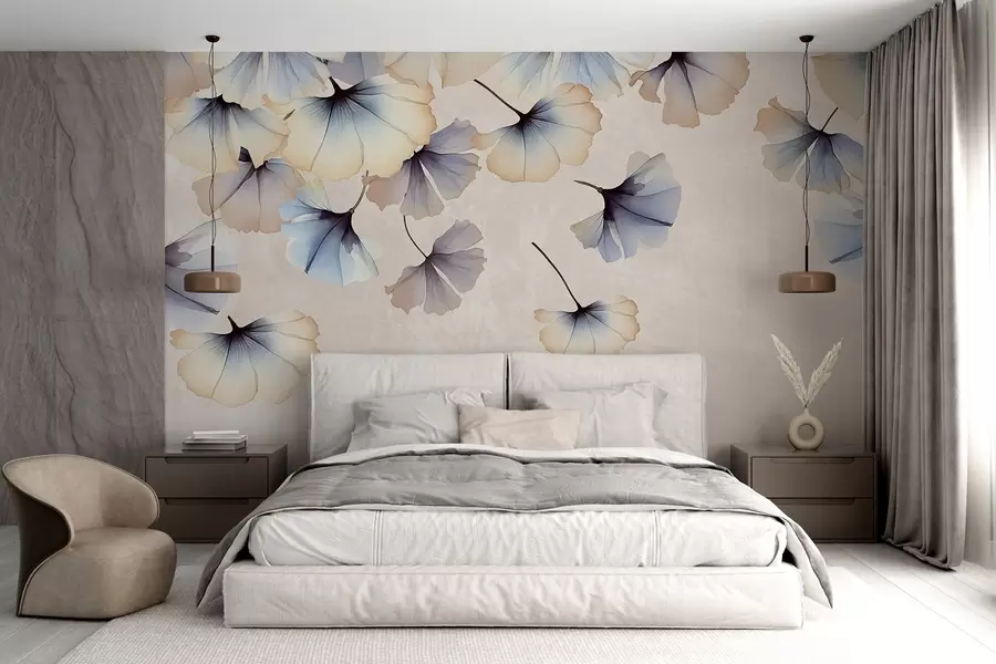 wall murals Пастелно плаво и беж лишће гинка са деликатним латицама које лебде у ваздуху на текстурној позадини w08578