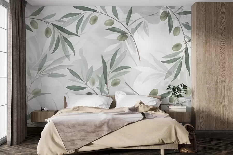 wall murals Маслинове гранчице са зеленим листовима и маслинама на светлој позадини w08576