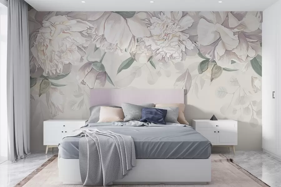 wall murals Нежни бели и розе пастелни божури са зеленим листовима, распоређени у мекој, романтичној цветној позадини w08577
