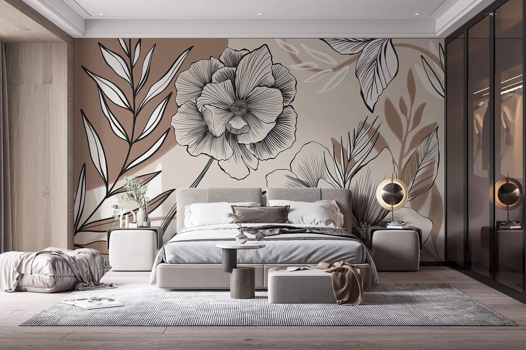 wall murals Велико црно-бело графичко цвеће са детаљним листовима на беж апстрактној позадини w08580