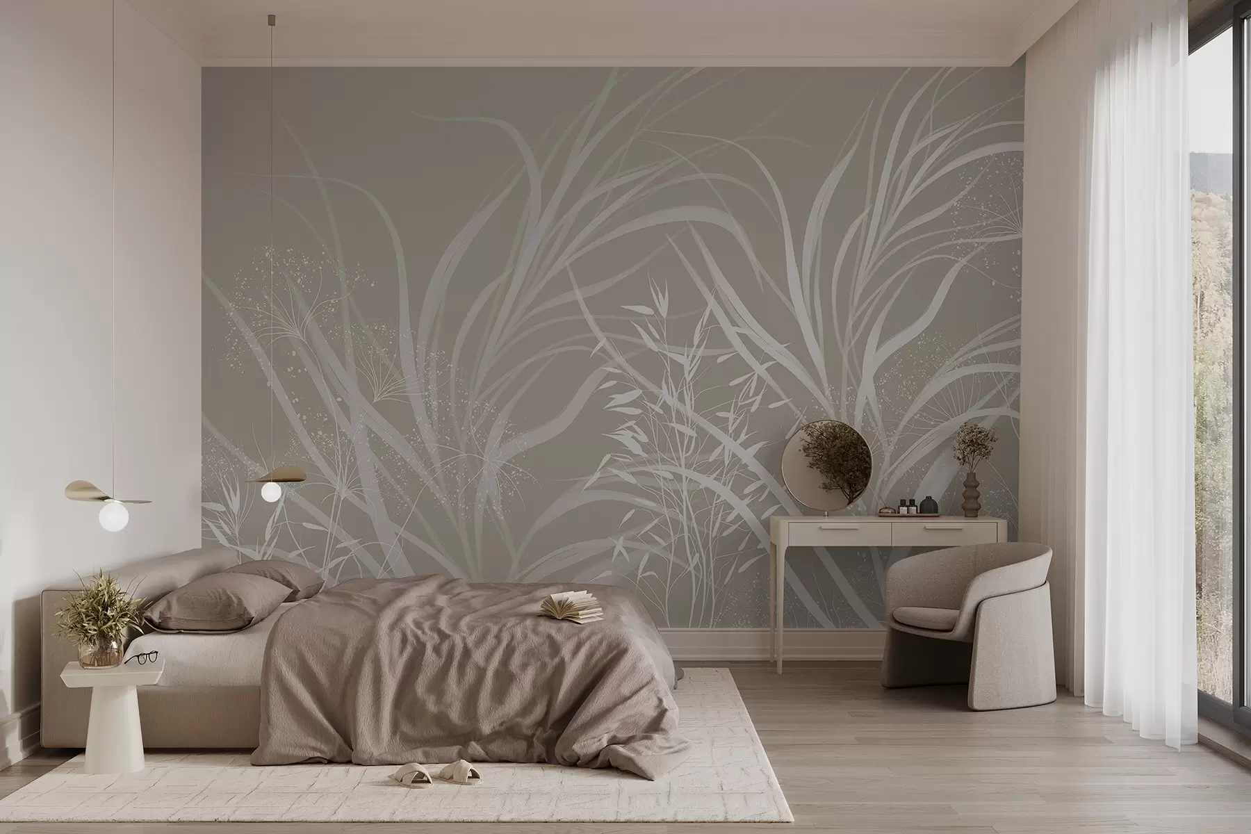 wall murals Деликатан модеран минималистички бели цветни принт на светлој пастелно-беж позадини w08583
