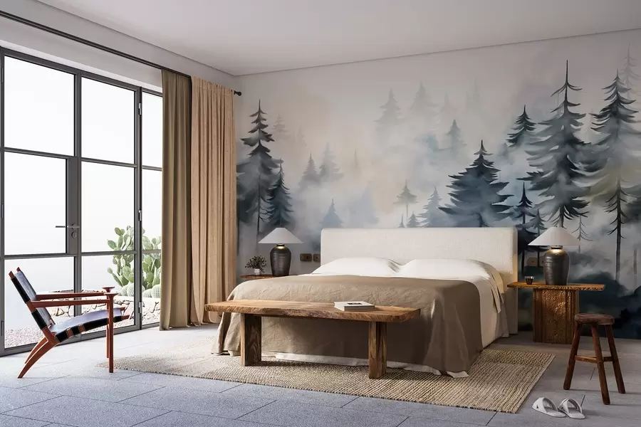 wall murals Магловити шумски пејзаж са високим боровима у магловитој позадини у стилу акварела w08584