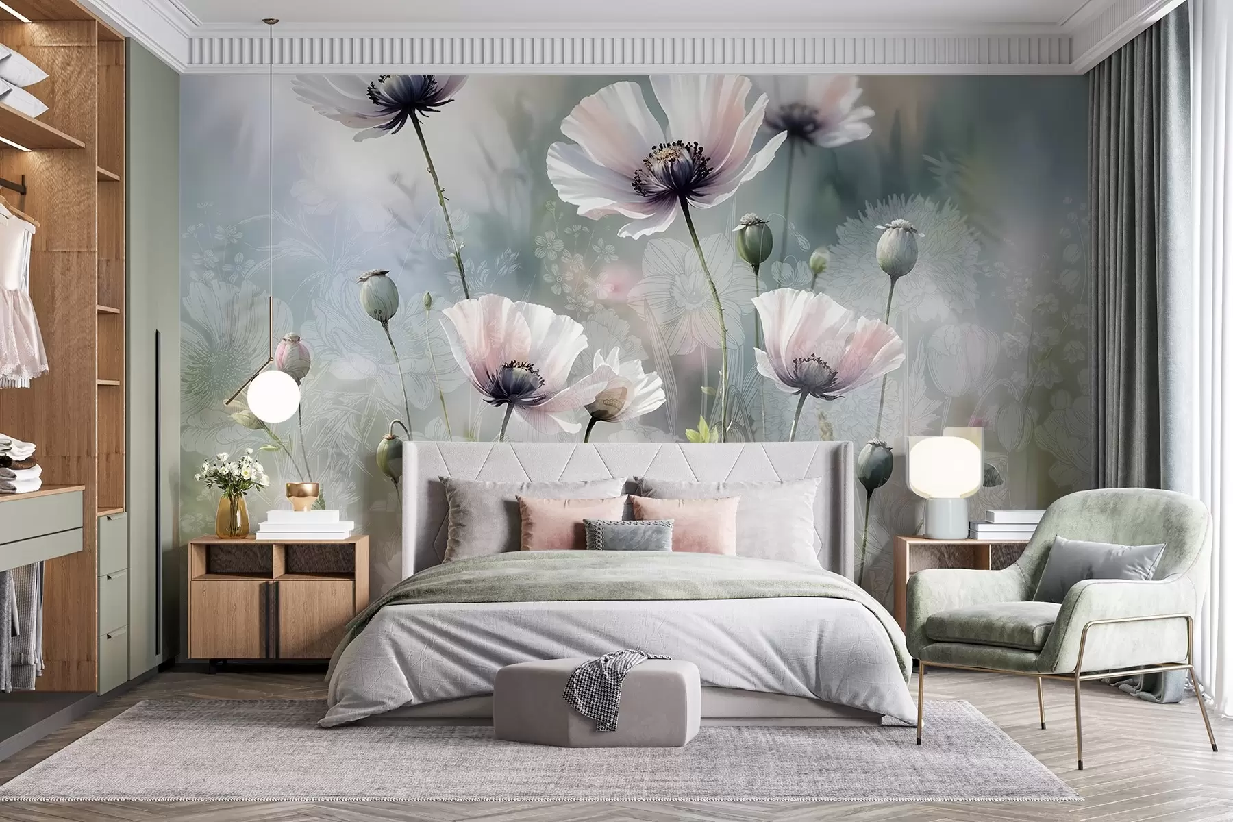 wall murals Нежни ружичасти и љубичасти мак са зеленим стабљикама и пупољцима на мекој, замућеној текстурираној позадини w08585