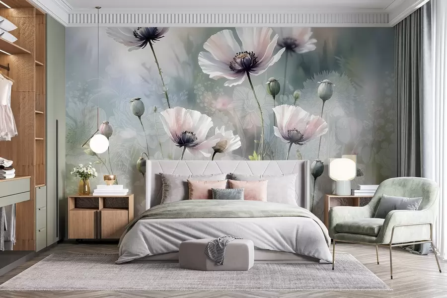 wall murals Нежни ружичасти и љубичасти мак са зеленим стабљикама и пупољцима на мекој, замућеној текстурираној позадини w08585