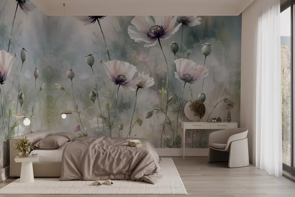 wall murals Нежни ружичасти и љубичасти мак са зеленим стабљикама и пупољцима на мекој, замућеној текстурираној позадини w08585